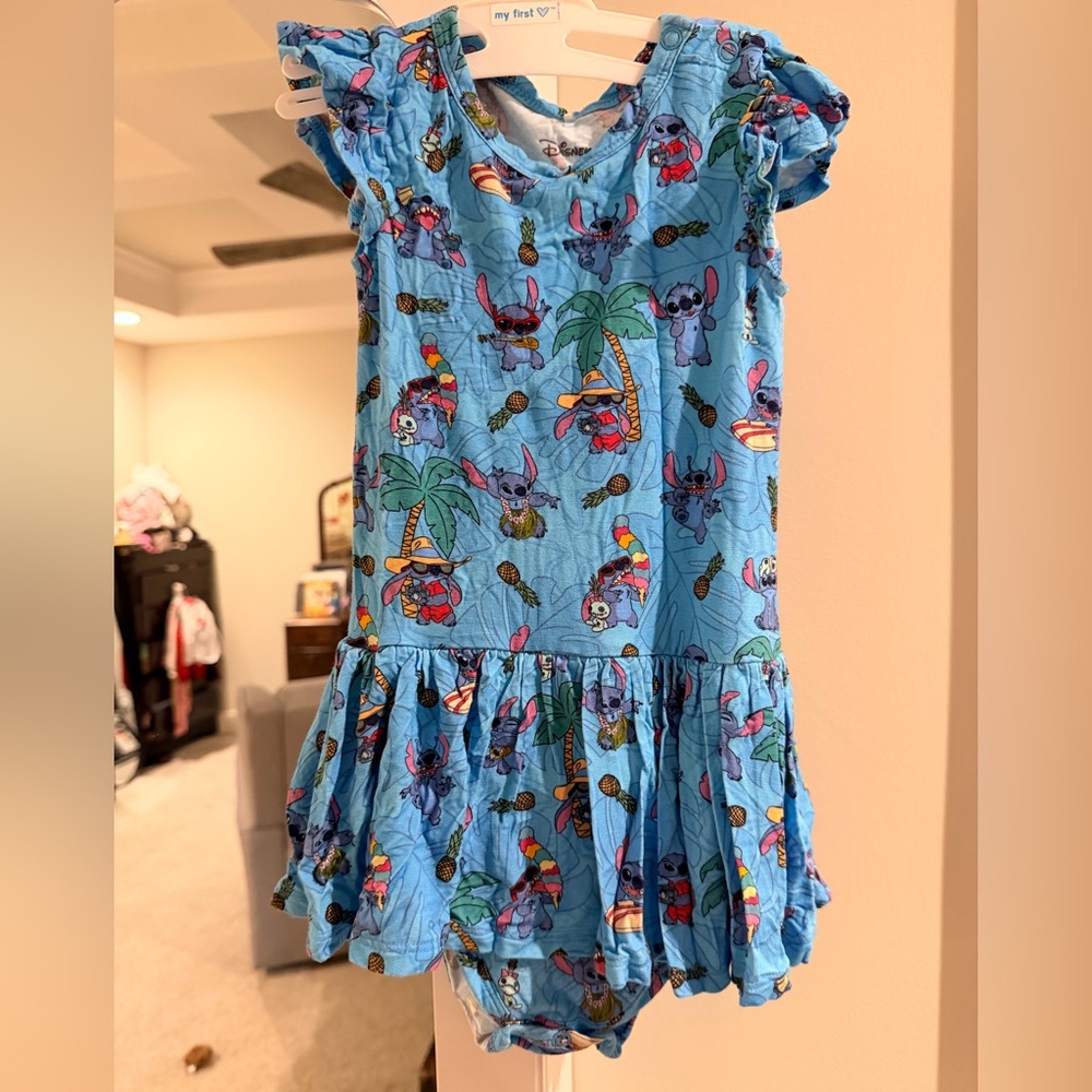 Posh Peanut Blue Stitch Print Ruffle Romper Dress